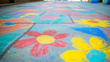 Colorful chalk drawing sidewalk sprawling capturing children's creativity imagination. AI generated.