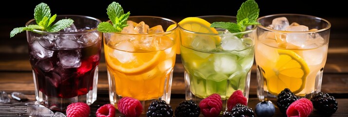 Refreshing summer drinks in colorful glasses on a wooden table with fresh fruit