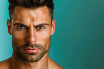 Fototapeta premium A strong, muscular man with a sharp gaze and a calm demeanor, solid color background representing the balance of physical and mental clarity, perfect for gym promotions