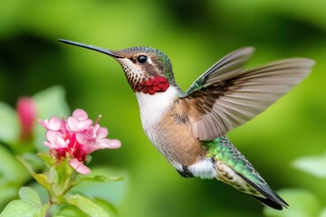 Fototapeta premium Hummingbird in Flight Feeding on Pink Flower