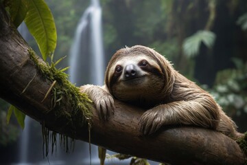 Naklejka premium Sloth Resting on a Tree Trunk Near a Misty Waterfall