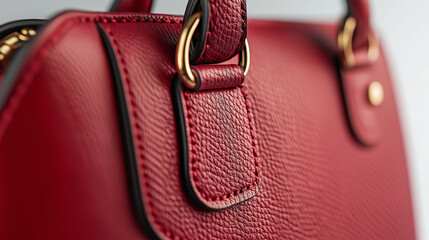 close up of a red leather handbag