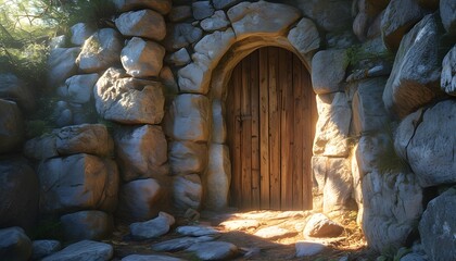 Mystical Illumination of an Ancient Stone Doorway Surrounded by Weathered Walls and Enveloped in Shadows