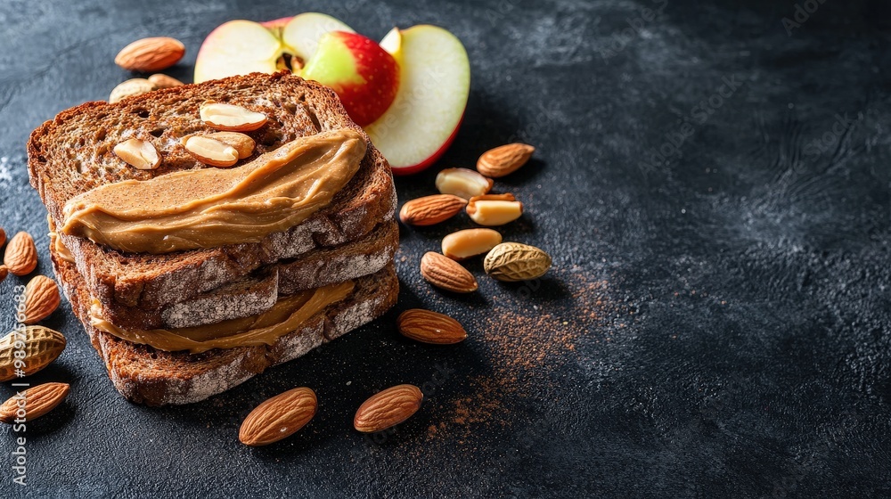 Aufkleber nutritious wholewheat toast with peanut butter and fruit toppings on dark concrete table - minimal v