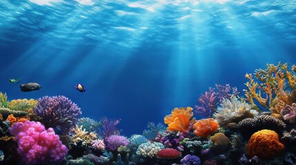 Obraz premium Vibrant Underwater Coral Reef with Sunlight Beams