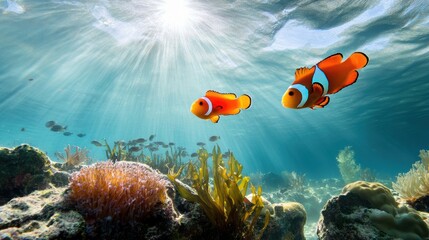 Obraz premium Colorful Clownfish Swimming in Vibrant Coral Reef