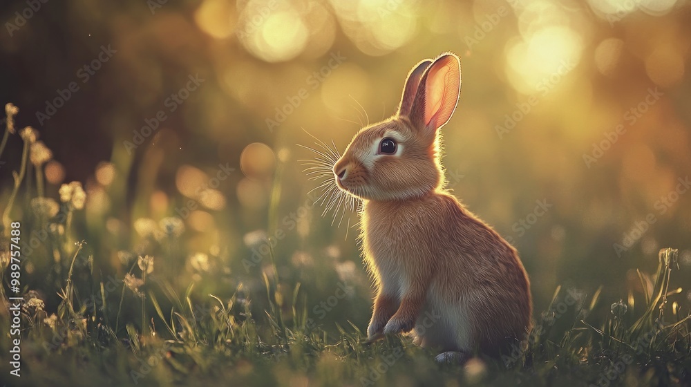 Wall mural a cute bunny rabbit sitting in a field of grass during golden hour