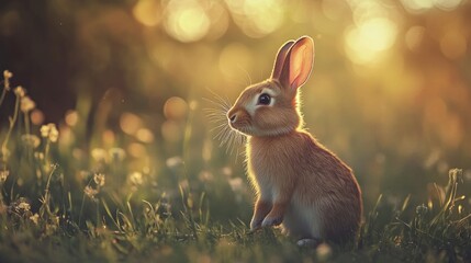 A cute bunny rabbit sitting in a field of grass during golden hour