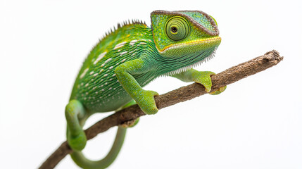  chameleon on a branch against white background