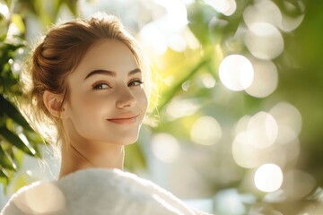 Fototapeta premium High-resolution brightly lit photorealistic photograph of a beautiful presenter woman enjoying a moment of tranquility in a serene massage spa. The photo is styled like a premium lifestyle magazine,