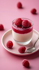 a glass panna cotta with raspberry topping