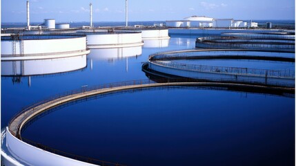 Obraz premium Aerial view of large industrial storage tanks reflecting in water.