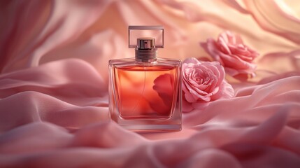 The product photography is a pink perfume with a gradient light pink background and jasmine flowers. product perfume with a silk background
