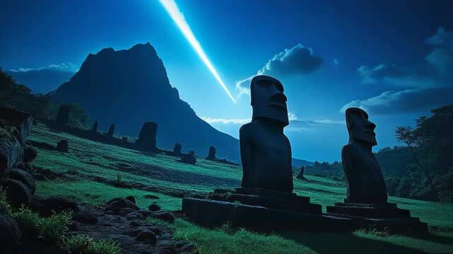 Ancient Moai statues silhouetted against night sky. Brilliant comet streaks overhead, casting ethereal blue light. Lush jungle surrounds base of statues. 