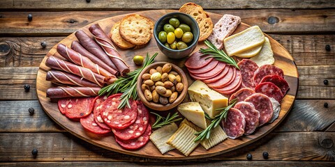 Gourmet Appetizer Platter with Smoked Meats, Cheeses, Toasted Bread, Olives, and Almonds on Rustic Wooden Surface
