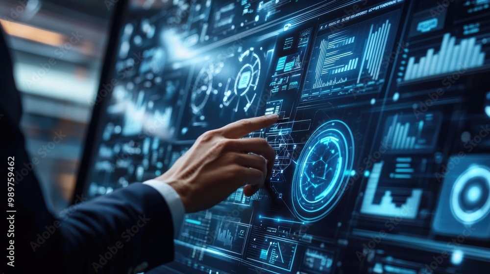 Poster crop-view of a business professional using a high-tech digital interface, with a virtual background 
