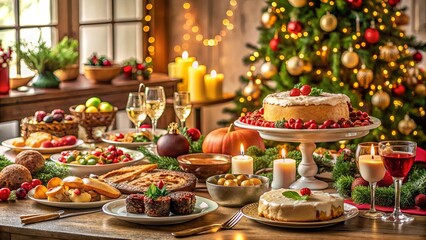 A Festive Christmas Table Setting With Traditional Foods, Wine, Candles, and a Christmas Tree in the Background