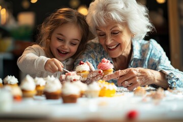 High-resolution brightly lit photorealistic candid photograph of a grandmother and grandchild participating in a fun baking class together, decorating cupcakes and sharing smiles. The photograph is