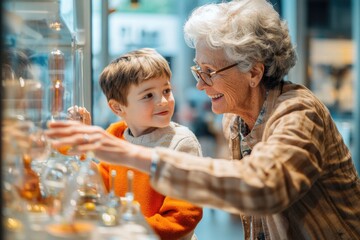 High-resolution brightly lit photorealistic candid photograph of a grandmother and grandchild having a delightful time at a local science museum, interacting with engaging exhibits and sharing