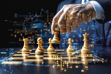 Crop-view of a businessmanâ€™s hand moving a chess piece, with digital screens displaying complex business data. The dark background is enhanced with subtle dollar signs and strategy graphs woven into