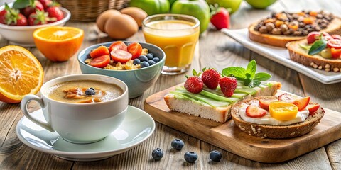 A vibrant and delicious breakfast spread featuring fresh fruit, creamy yogurt, and a steaming cup of coffee on a rustic wooden table