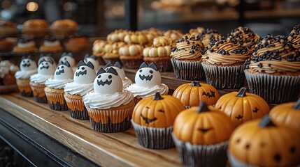 A Halloween-themed bakery with spooky treats like ghost cupcakes, pumpkin cookies, and bat-shaped candies