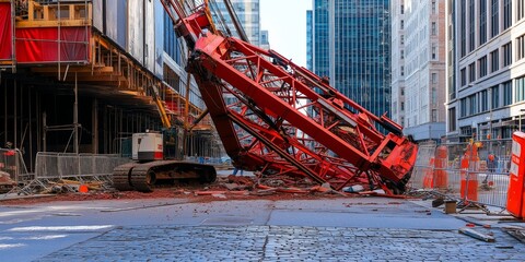 Crane collapsing on partially built structure during construction industrial accident chaos machinery debris. AI generated
