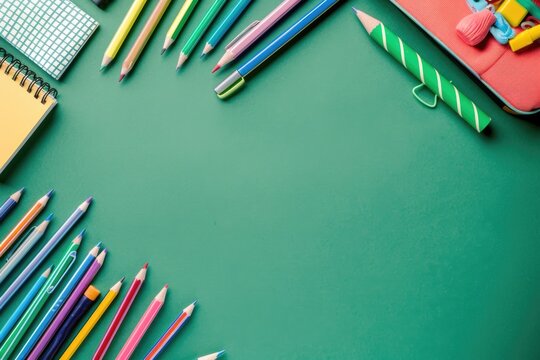 Top view of school supplies on a green background, back to school theme with copy space