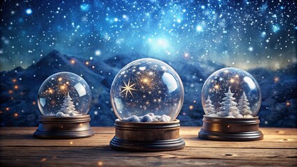 Three ornate glass snow globes filled with glistening snow and sparkling lights, resting on a rustic wooden table, capture the essence of winter's magic.