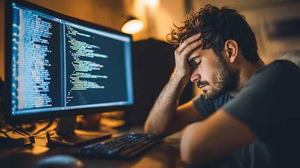 Engineer staring at computer screen, error message visible, coding environment, hands on keyboard. AI generated