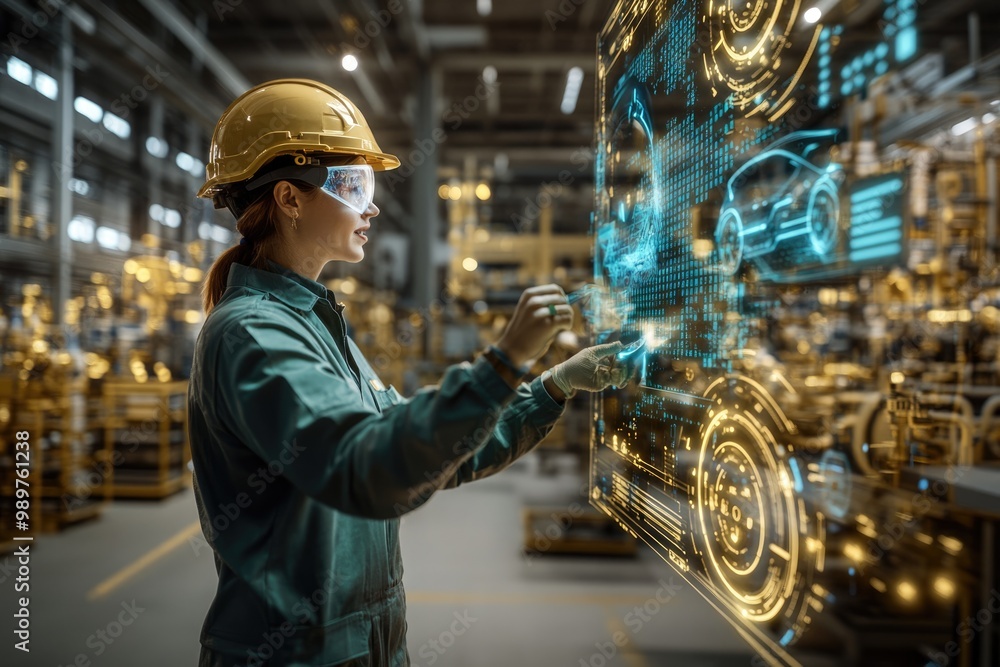 Poster very realistic and photographic photo of an engineer interacting with holographic displays in a cutt