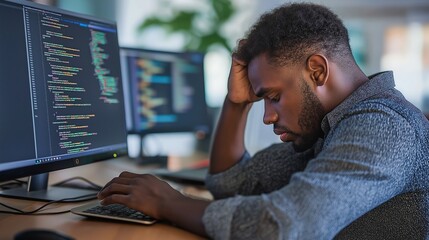 Engineer staring at computer screen, error message visible, coding environment, hands on keyboard. AI generated