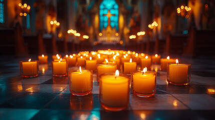 Rows of lit candles illuminate the aisle of a church.