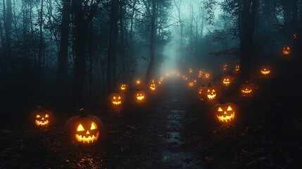 Naklejka premium A spooky fog-covered forest with glowing jack-o-lanterns lighting the path ahead