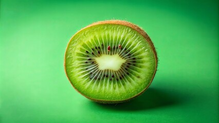 A perfectly sliced kiwi fruit, showcasing its vibrant green flesh and numerous black seeds, resting on a solid green background.