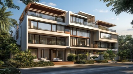 Exterior elevation multistorey townhouse white bronze contrast ultra details high reflections. AI generated