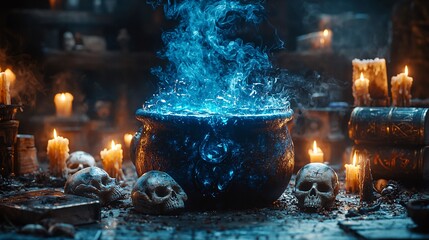A witch brew bubbling in a cauldron surrounded by skulls, candles, and spell books