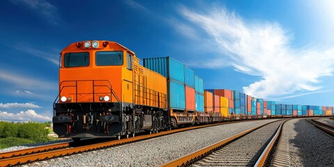 Fototapeta premium Freight Train With Cargo Containers on Railway Tracks