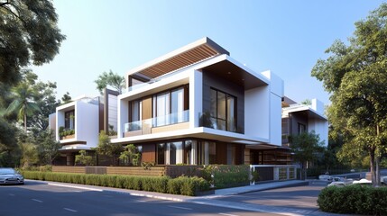 Exterior elevation multistorey townhouse white bronze contrast ultra details high reflections. AI generated