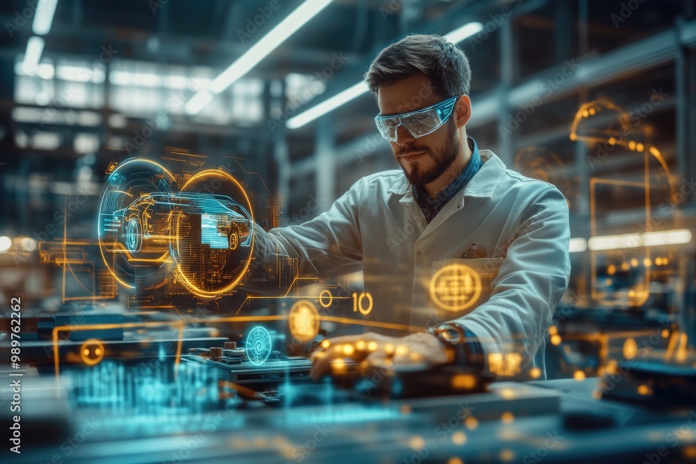 Poster very realistic and photographic photo of an engineer working with futuristic holographic interfaces 