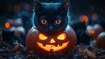 Naklejka premium A glowing jack-o-lantern surrounded by black cats and glowing eyes in the darkness