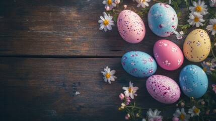 Fototapeta premium Colorful eggs arranged on a rustic wooden surface, with spring flowers scattered around.