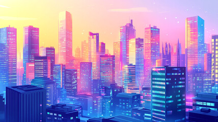 Obraz premium Vibrant city skyline at sunset showcasing colorful buildings and urban life