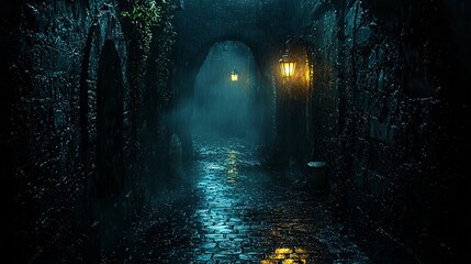 A dark alleyway lit by a single lantern, with shadows of sinister figures lurking