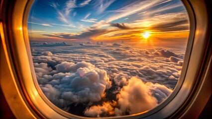 A golden sunset paints the sky above a boundless expanse of clouds, viewed through an airplane window.