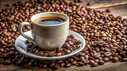 Fototapeta premium A White Ceramic Cup Filled with Dark Roast Coffee Resting on a Bed of Coffee Beans on a Wood Table