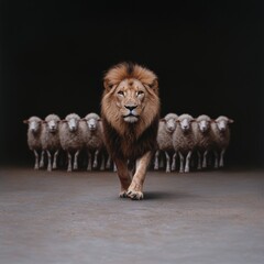 Powerful lion standing in front of herd of sheep