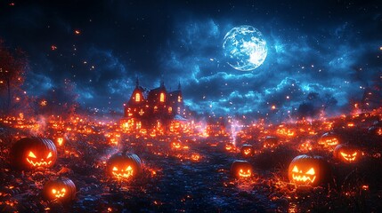 Naklejka premium A spooky pumpkin patch at night, lit by the moon and flickering lanterns