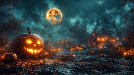 Naklejka premium A spooky pumpkin patch at night, lit by the moon and flickering lanterns