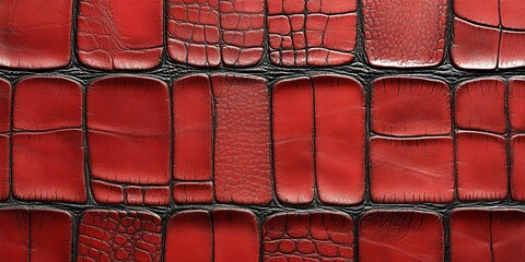 Red Crocodile Leather Texture A Close-up View of the Scaly Pattern, with Deep Red Hues and Black Lines, Revealing the Natural Beauty and Elegance of this Exotic Material